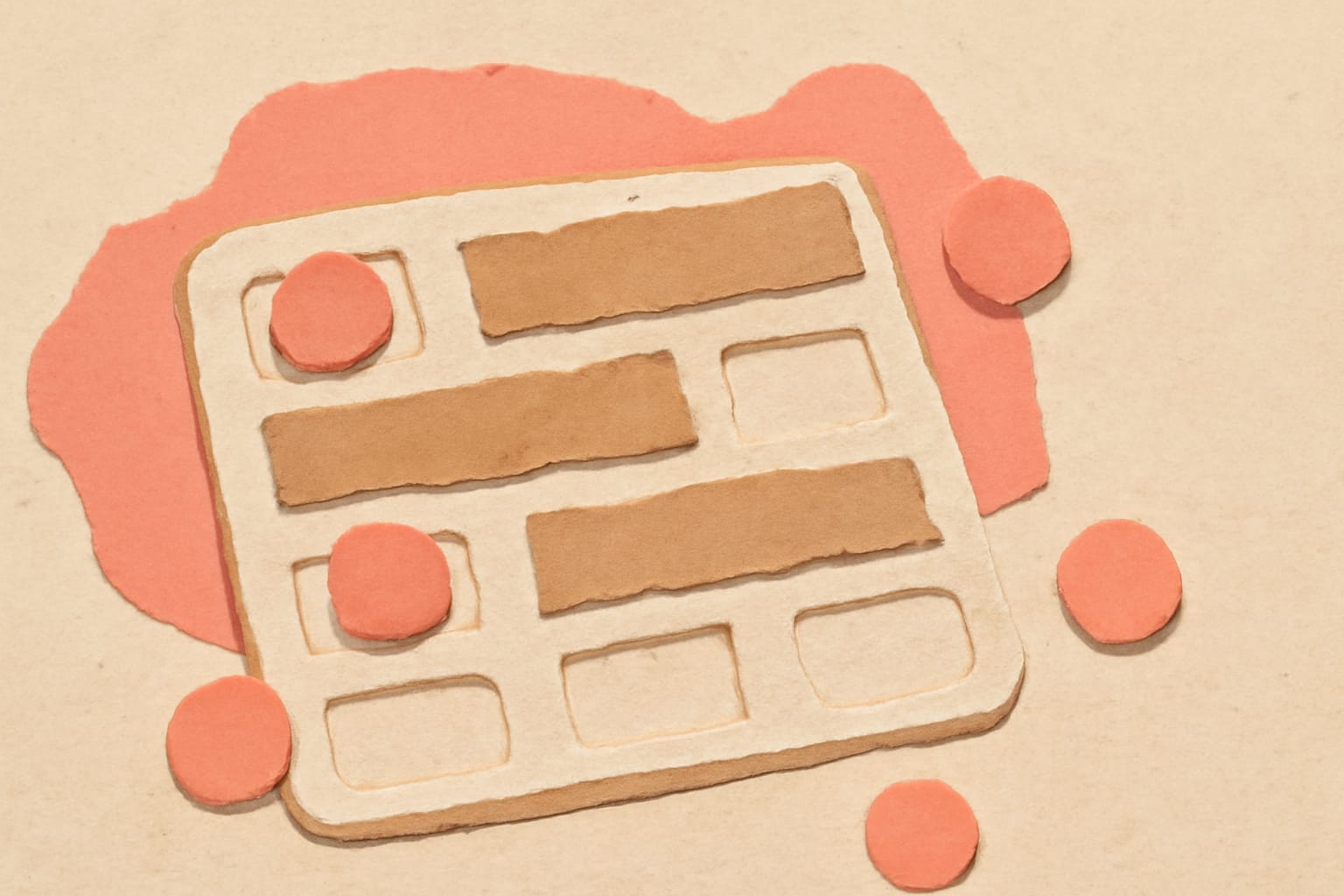 Editorial illustration in cutout-collage style depicting a cutout-collage shared pool of coral interactive tokens contending with kraft background job strips