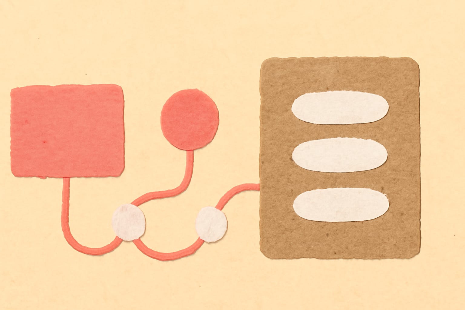 Editorial illustration in cutout-collage style depicting a cutout-collage connection-pool topology with counters at each hop from client to database