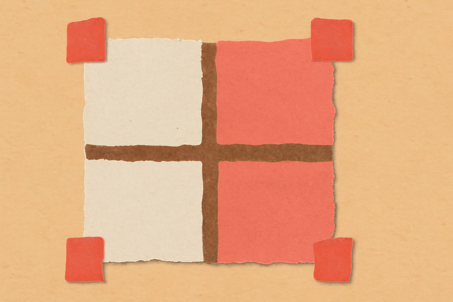 Editorial illustration in cutout-collage style depicting a cutout-collage two-by-two concurrency test scenario matrix with coral corner tabs