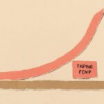 Editorial illustration in cutout-collage style depicting a cutout-collage queue-depth curve with a coral tipping-point tab under sustained load