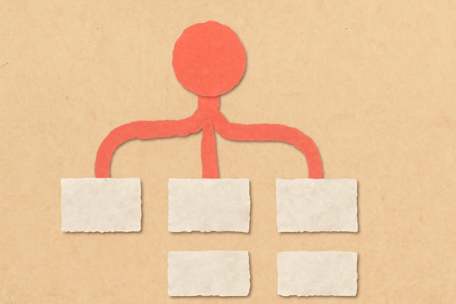 Editorial illustration in cutout-collage style depicting a cutout-collage throttling policy tree branching into per-client rate limit boxes
