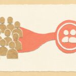 Editorial illustration in cutout-collage style depicting a cutout-collage fan-in of many users into a thin FHIR request stream and modest concurrency badge